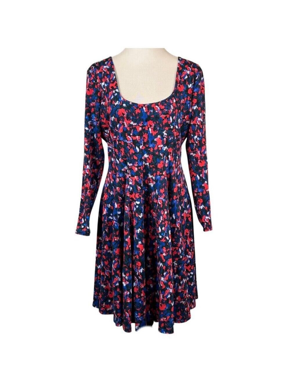 HD in Paris for Anthropologie Red Black Blue Floral Long Sleeve Dress Size L